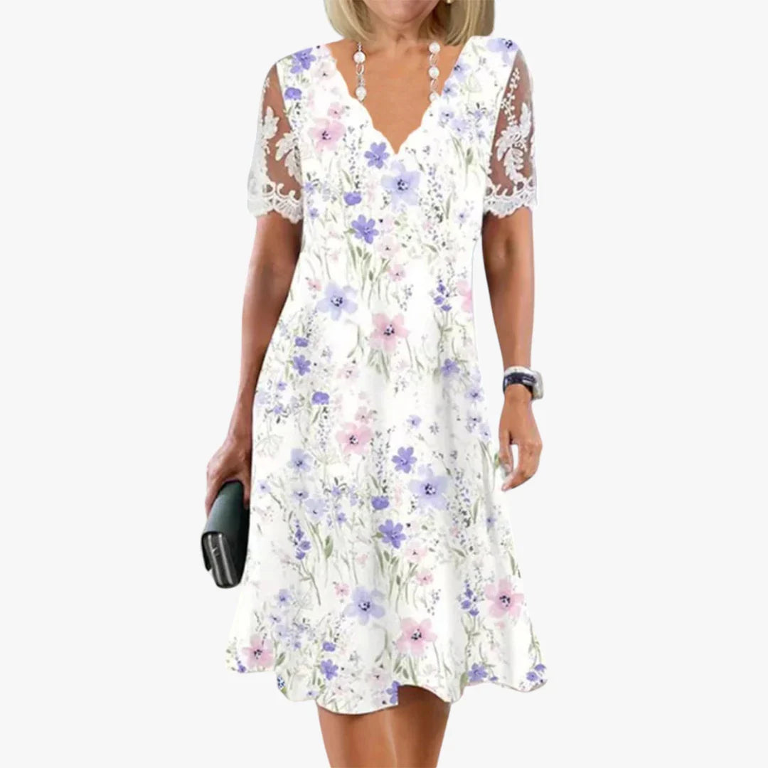 Dame Blomstret Midi Sommerkjole med Blonder