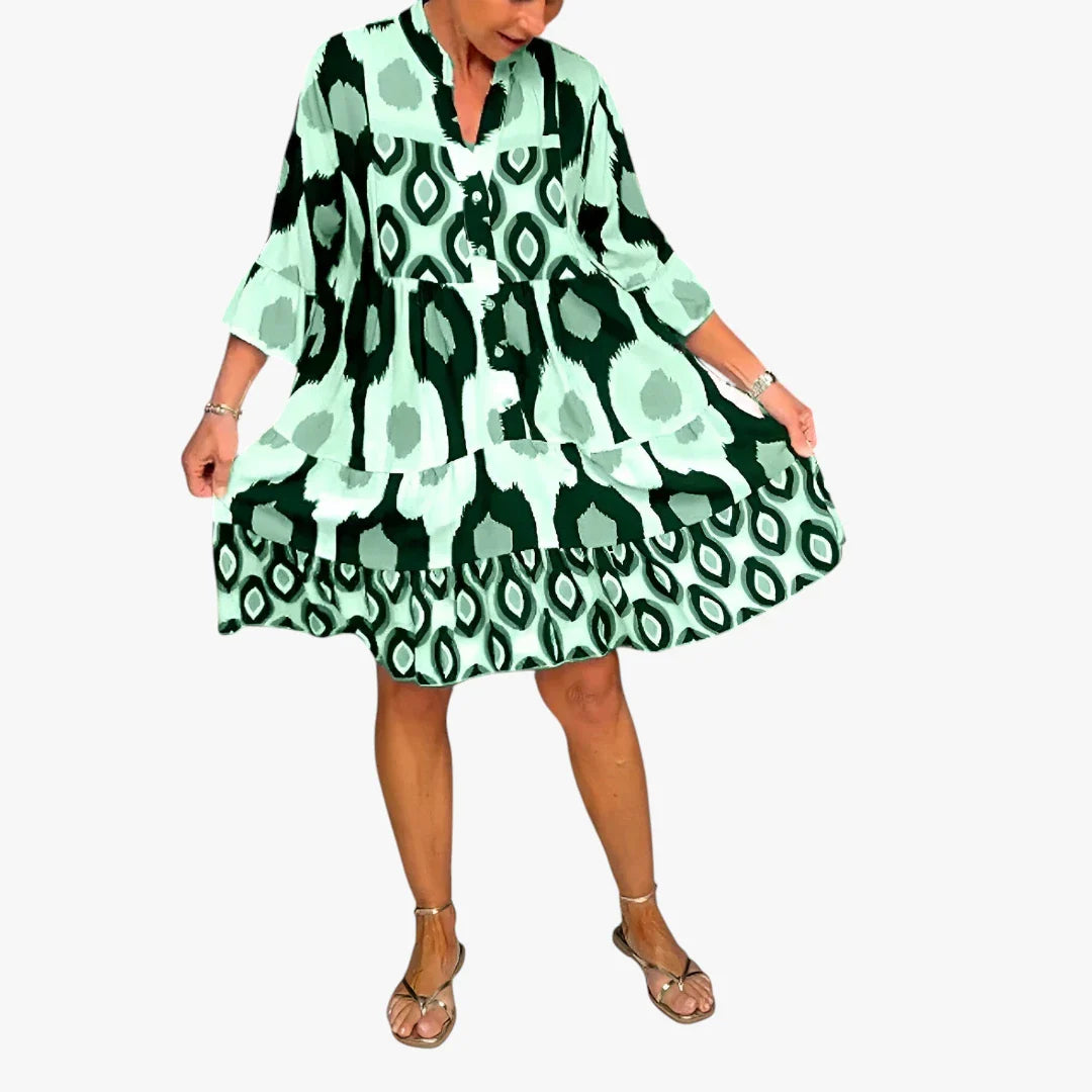 Dame Boho Midi Sommerkjole med Knapper og Flæser