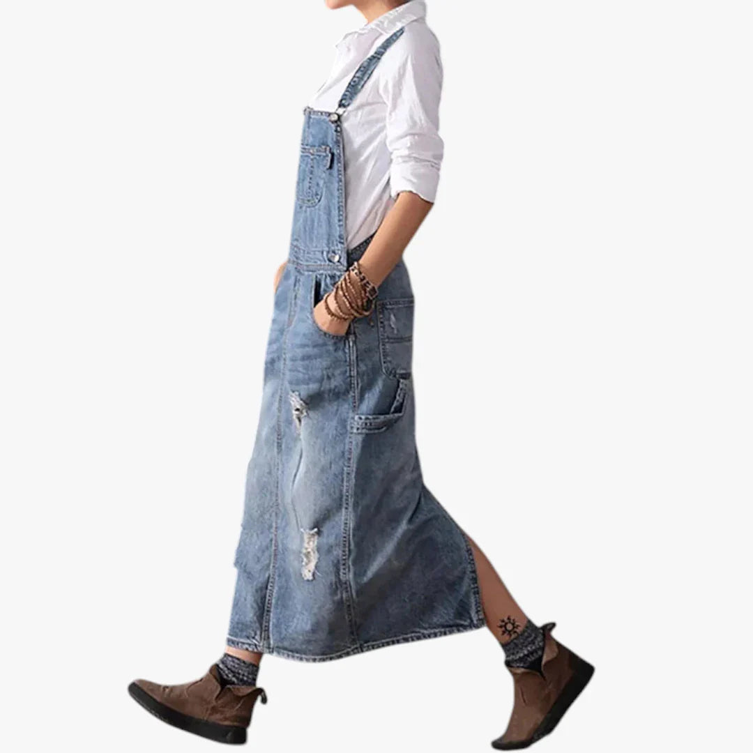 Dame Maxi Denimkjole med Åben Ryg og Lommer
