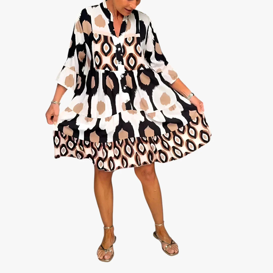 Dame Boho Midi Sommerkjole med Knapper og Flæser