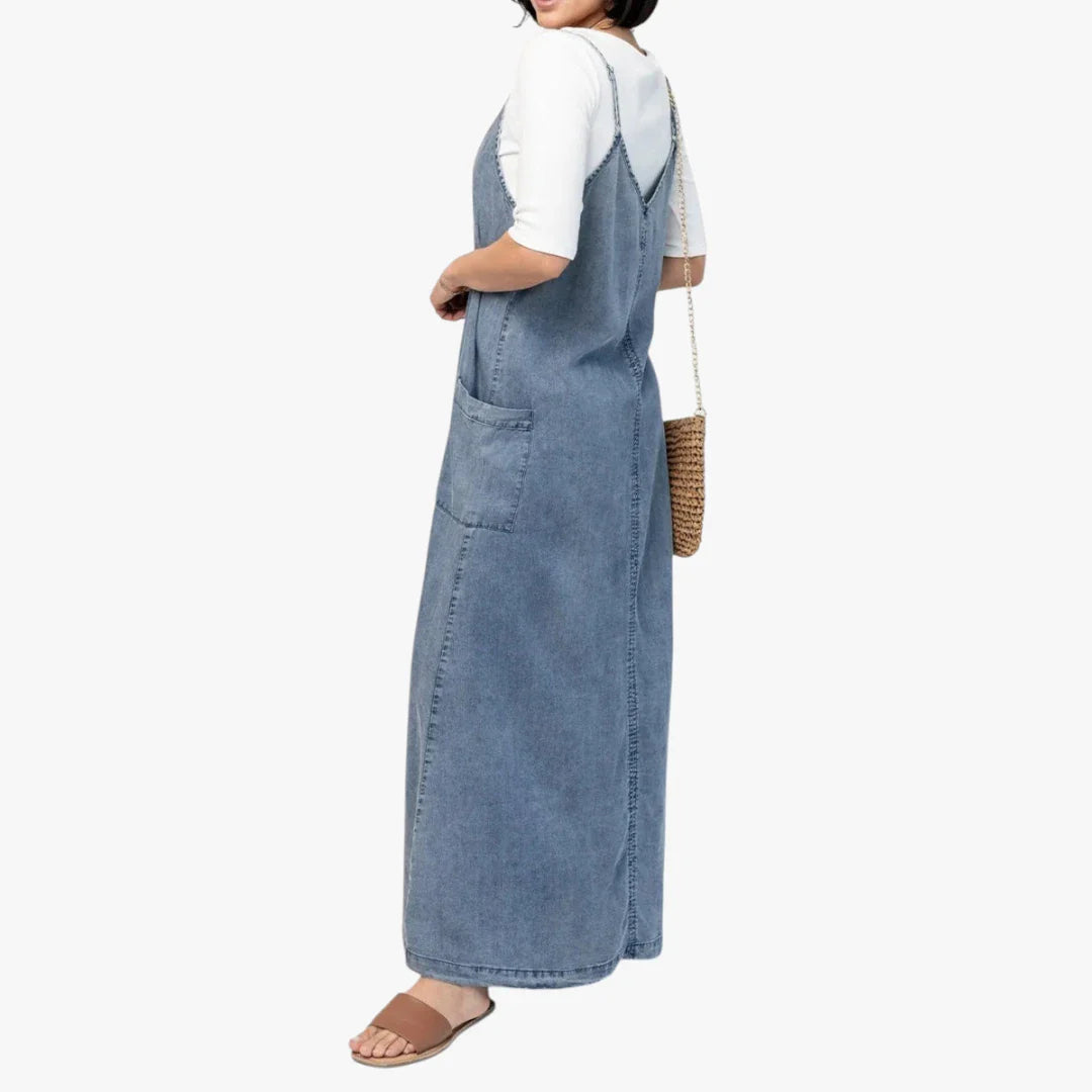 Dame Elegant Maxi Denimkjole med Strop og V-udskæring