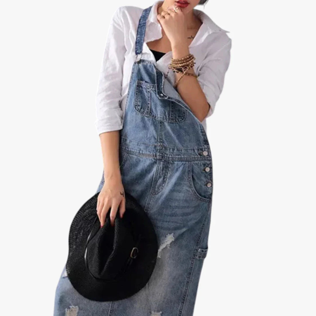 Dame Maxi Denimkjole med Åben Ryg og Lommer
