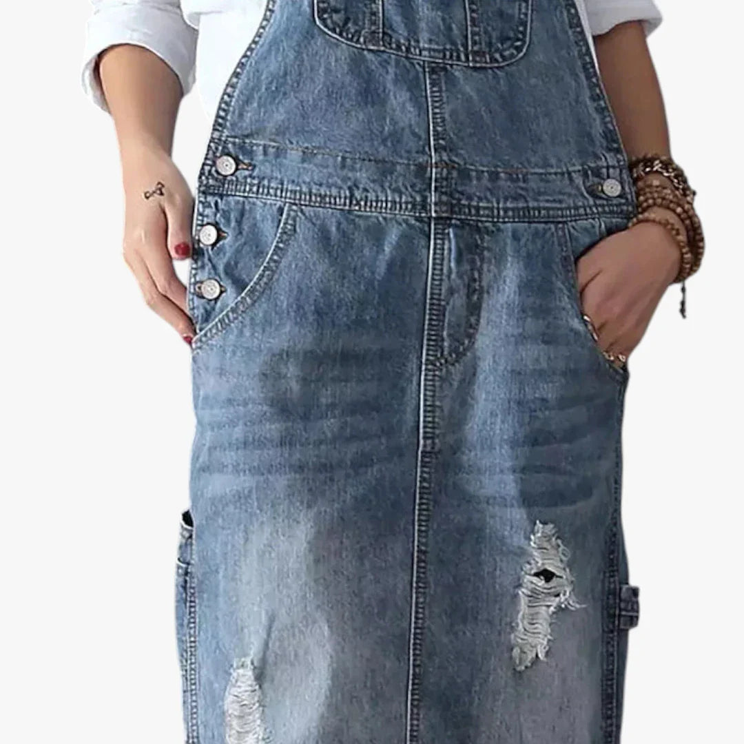 Dame Maxi Denimkjole med Åben Ryg og Lommer