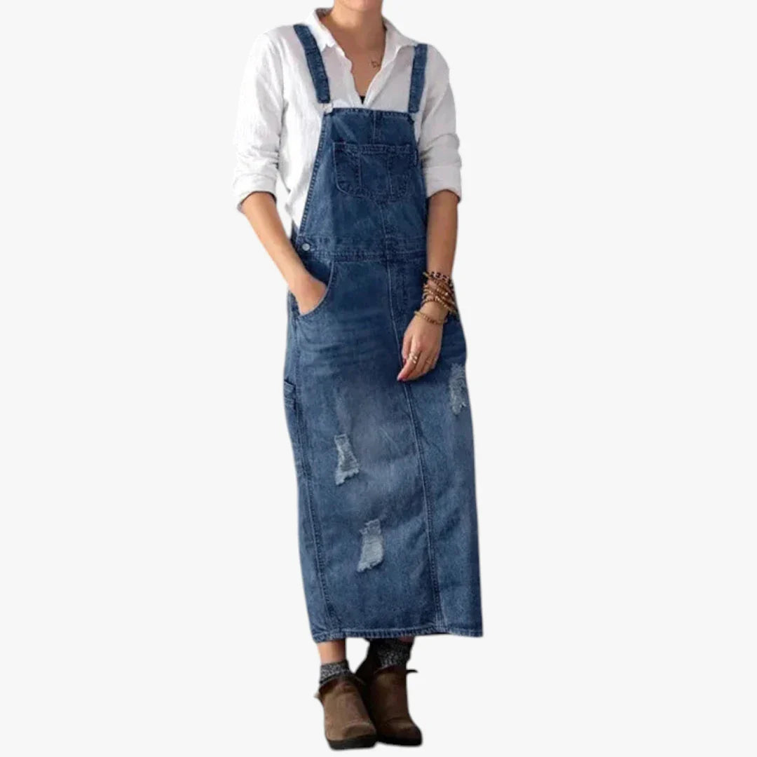 Dame Maxi Denimkjole med Åben Ryg og Lommer