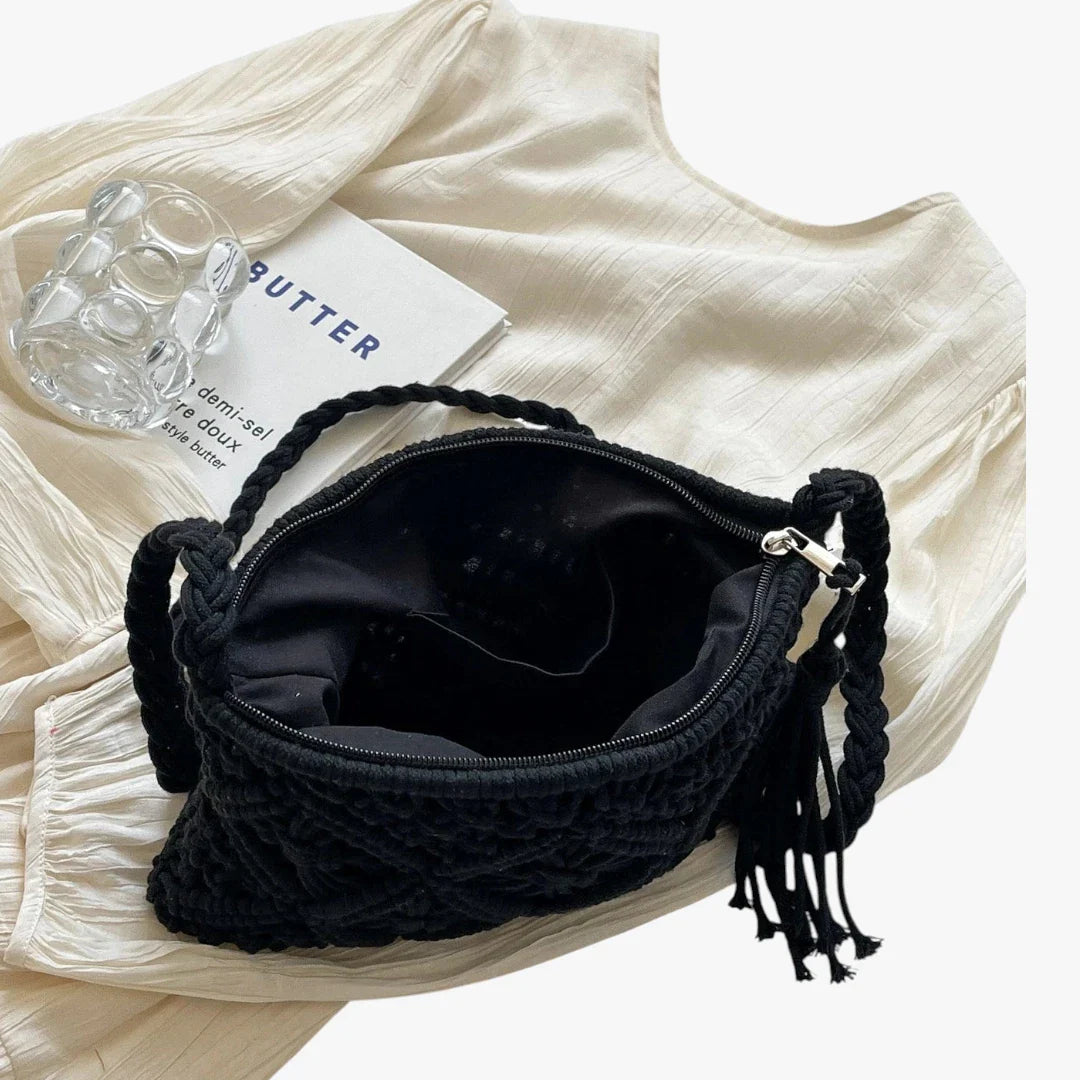 Dame Hæklet Vintage Taske med Skulderrem og Frynser
