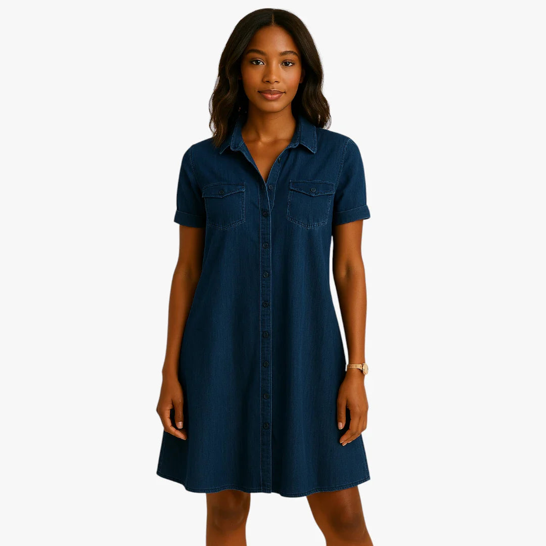 Dame Elegant Mini Denimkjole med Knapper og Lommer