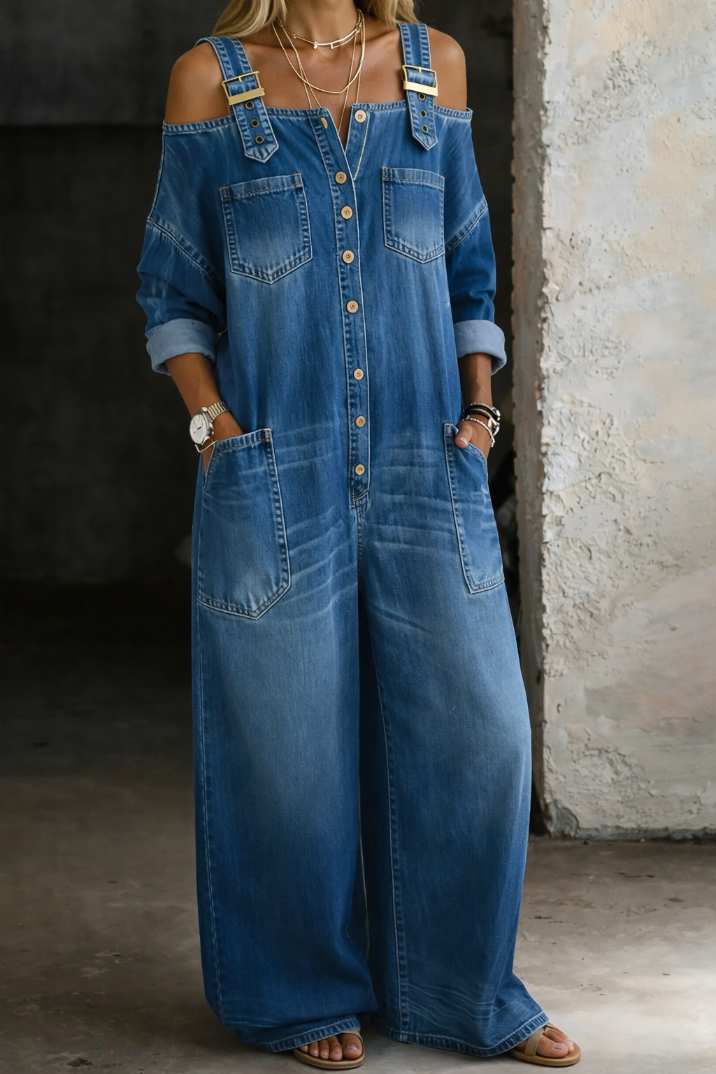 Selma™ | Denim jumpsuit med bar skulder