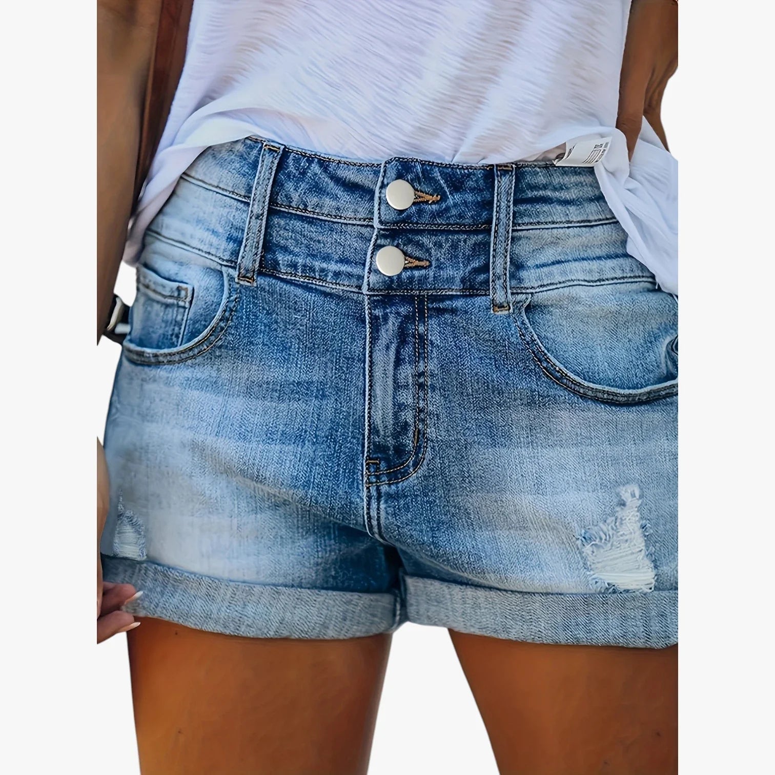 Dame Afslappede Denim Shorts med Lommer og Knapper