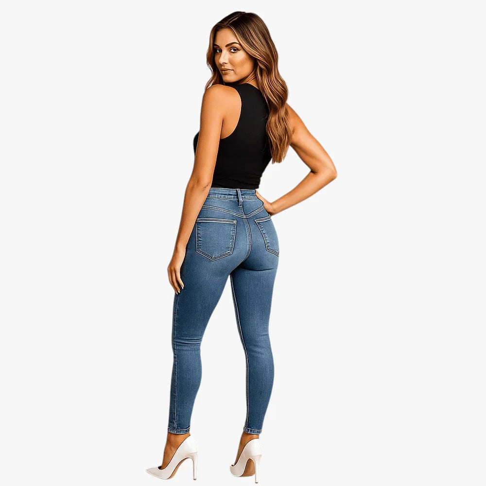 Dame Blå Jeans med Elastik i Taljen og Lommer