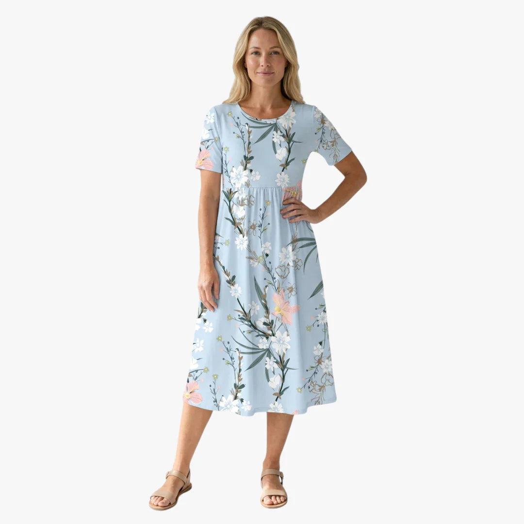 Dame Blomstret Midi Sommerkjole med Ærmer