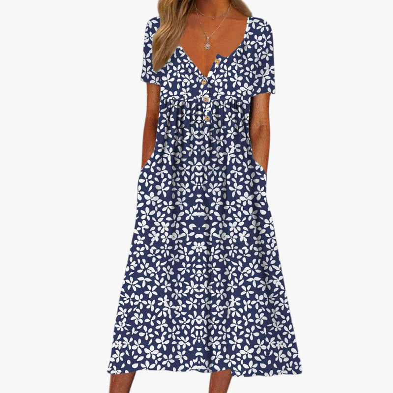 Dame Blomstret Midi Sommerkjole med Knapper