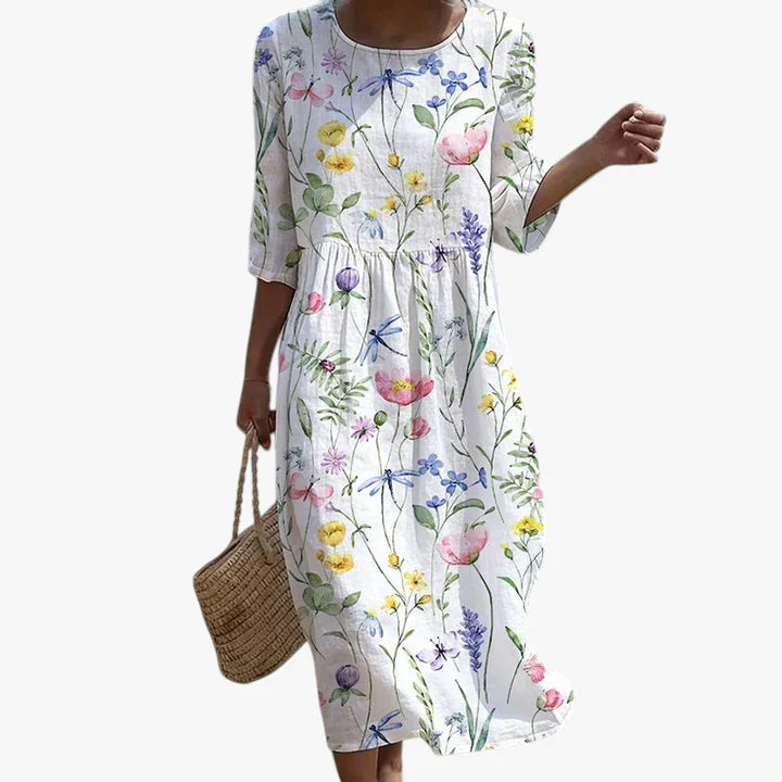 Dame Blomstret Midi Sommerkjole med Rund Hals