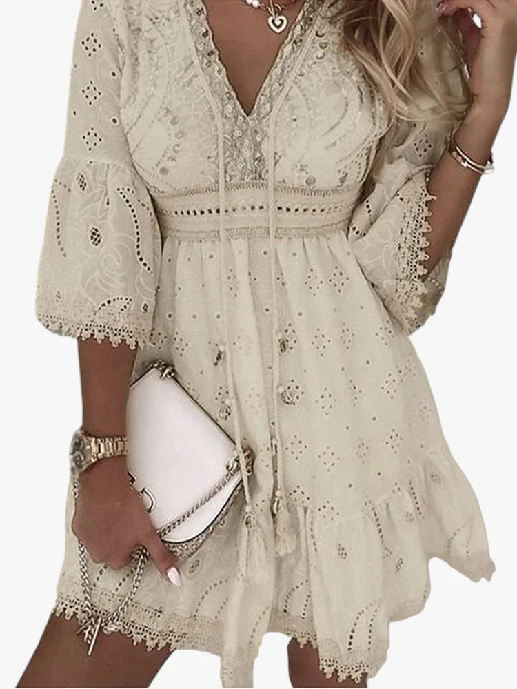 Dame Boho Mini Sommerkjole med Blonder