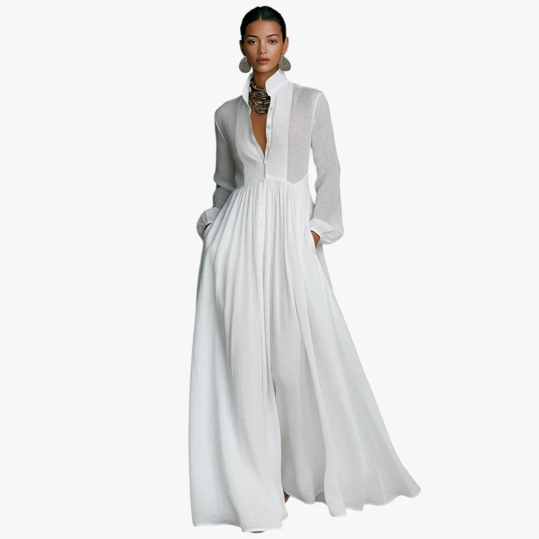 Dame Elegant Maxi Sommerkjole med Knapper og Krave