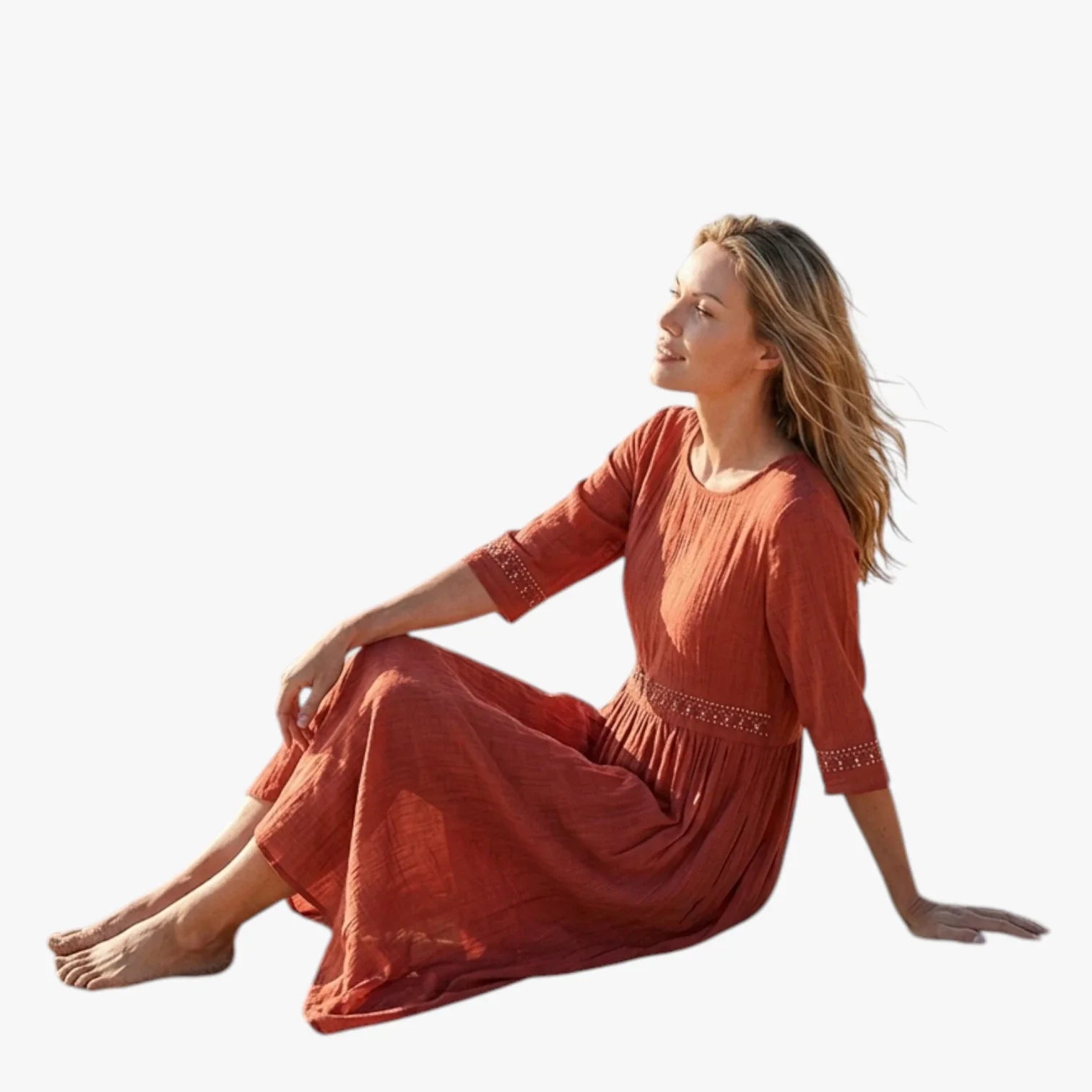 Dame Elegant Midi Sommerkjole med Broderi