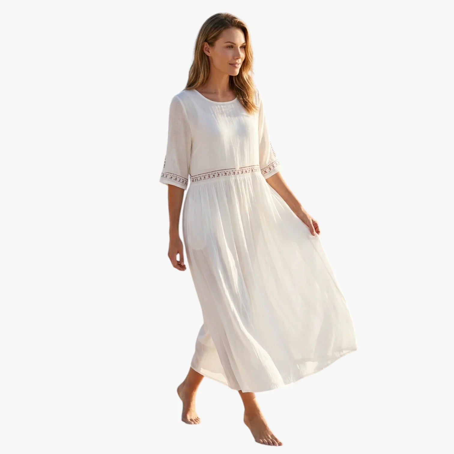 Dame Elegant Midi Sommerkjole med Broderi