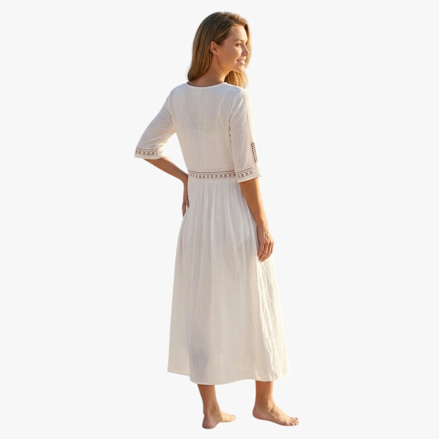 Dame Elegant Midi Sommerkjole med Broderi