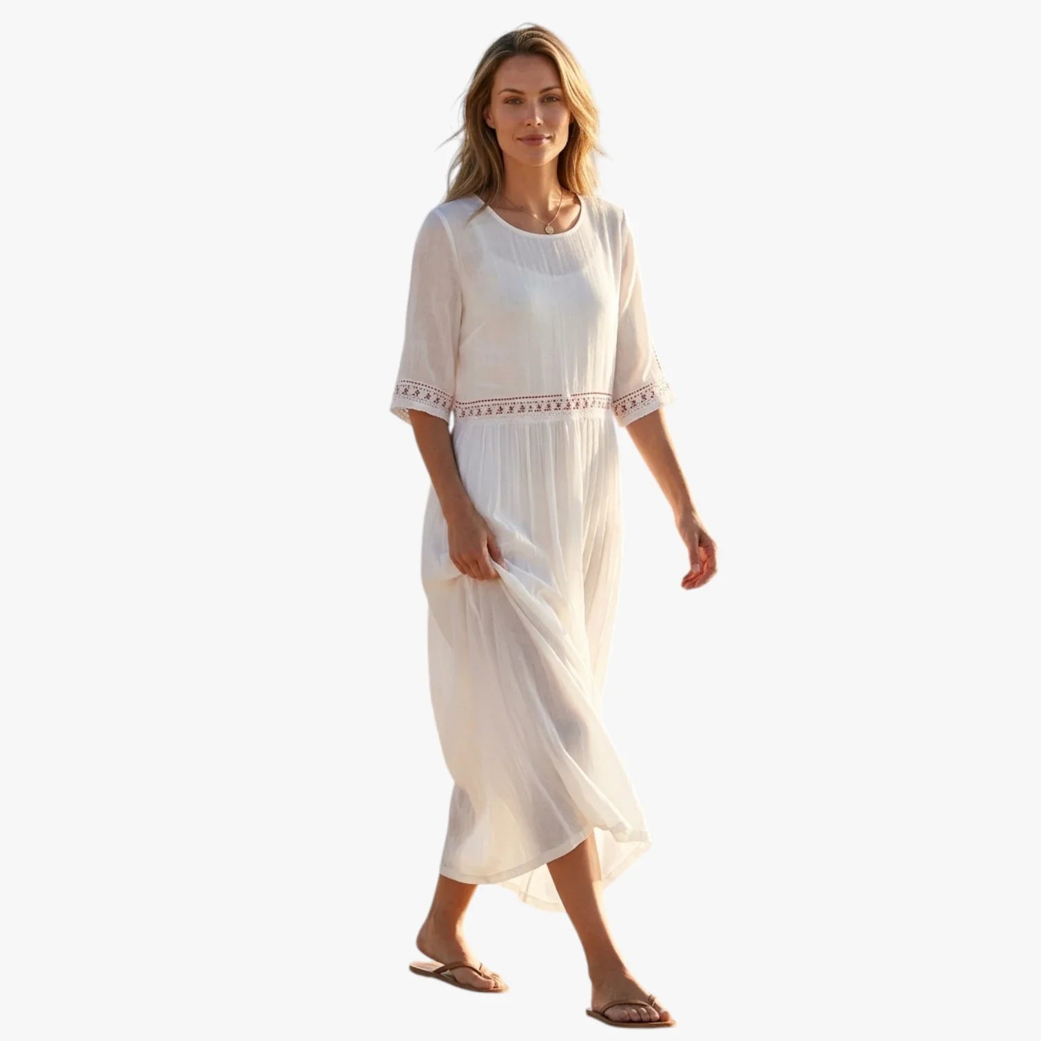 Dame Elegant Midi Sommerkjole med Broderi
