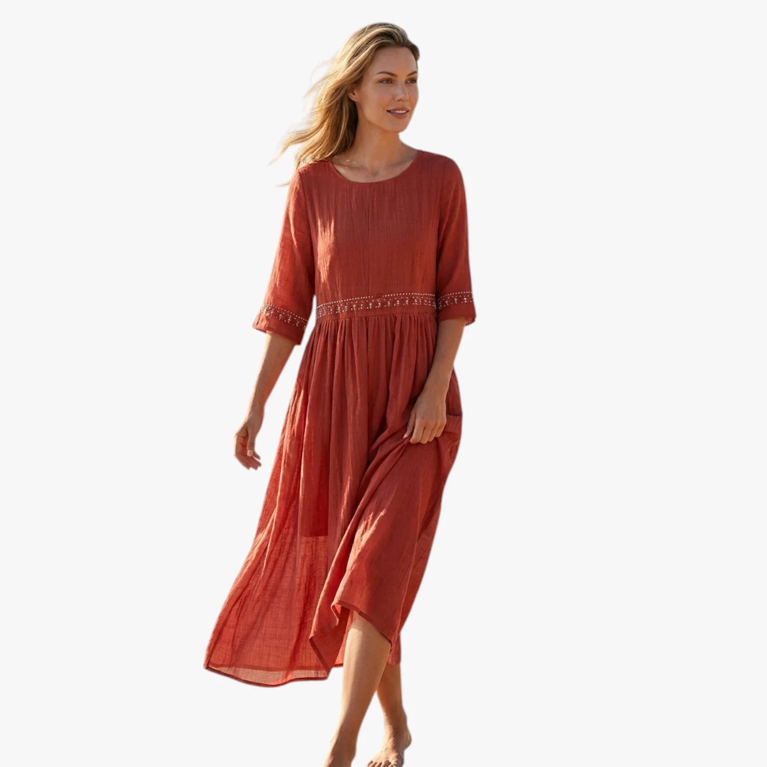 Dame Elegant Midi Sommerkjole med Broderi