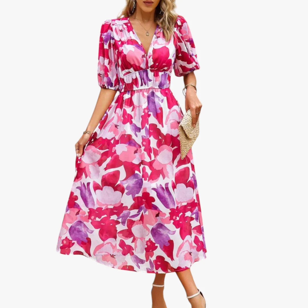 Dame Elegant Midi Sommerkjole med Smock og Blomster