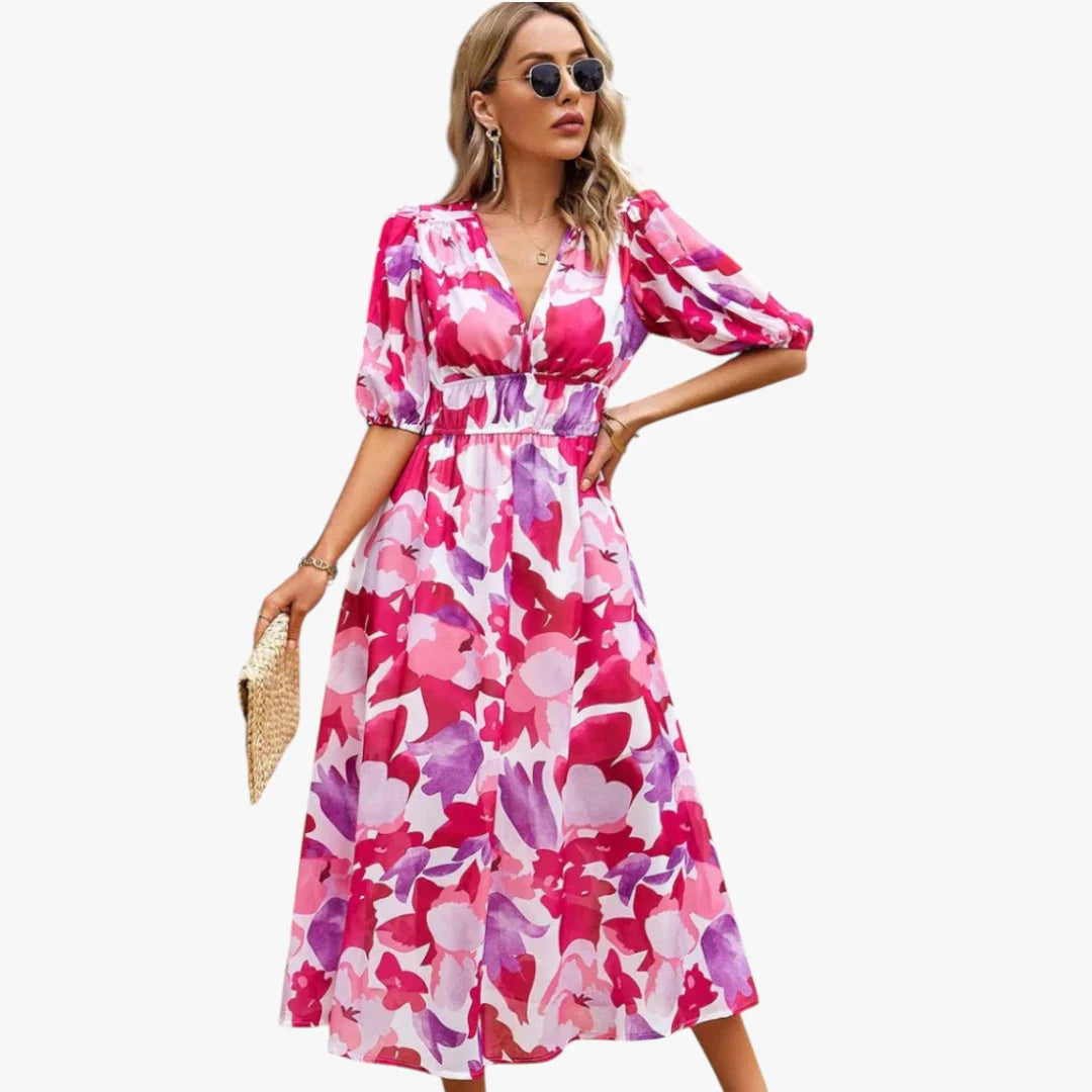 Dame Elegant Midi Sommerkjole med Smock og Blomster