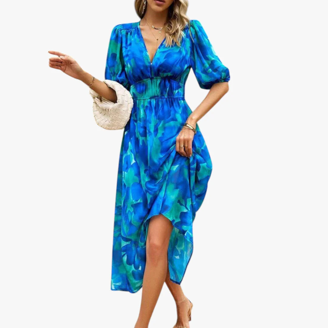 Dame Elegant Midi Sommerkjole med Smock og Blomster