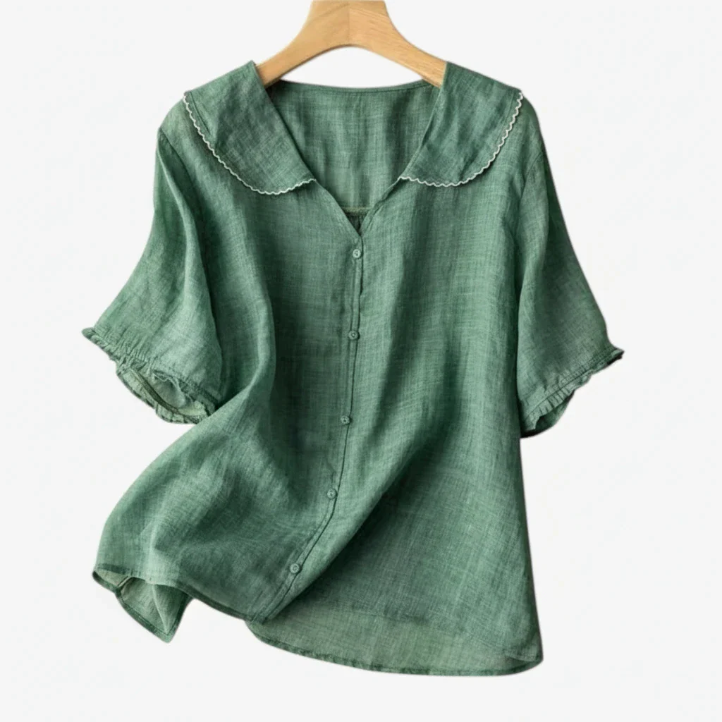 Dame Kortærmet Skjortebluse med Flæsekrave og V-Udskæring