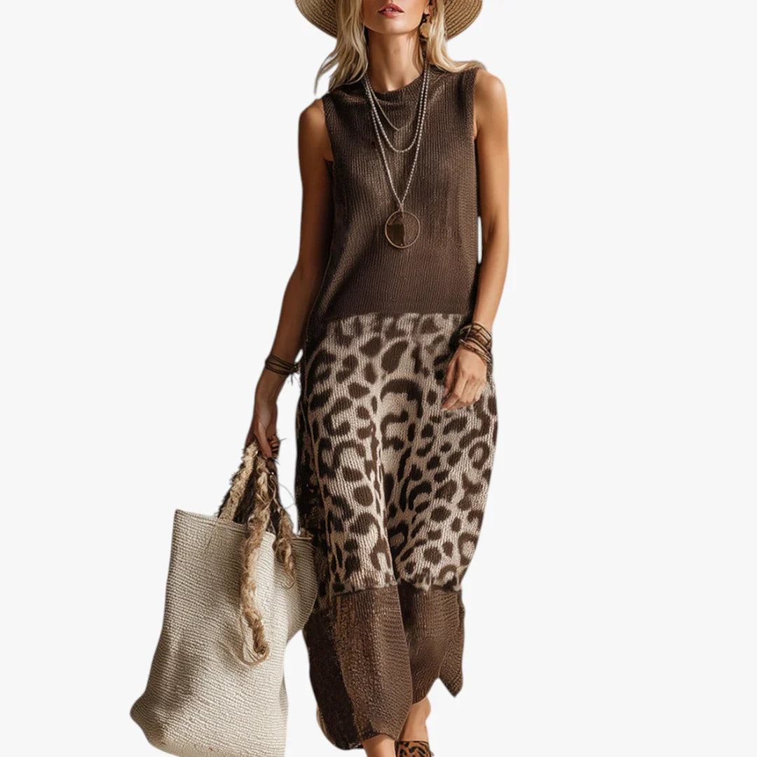Dame Leopard Midi Sommerkjole med Uden Ærmer