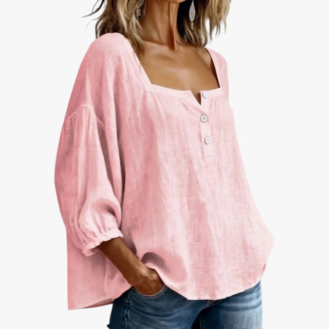 Dame Løs Sommerbluse med Pufærmer og Knapper