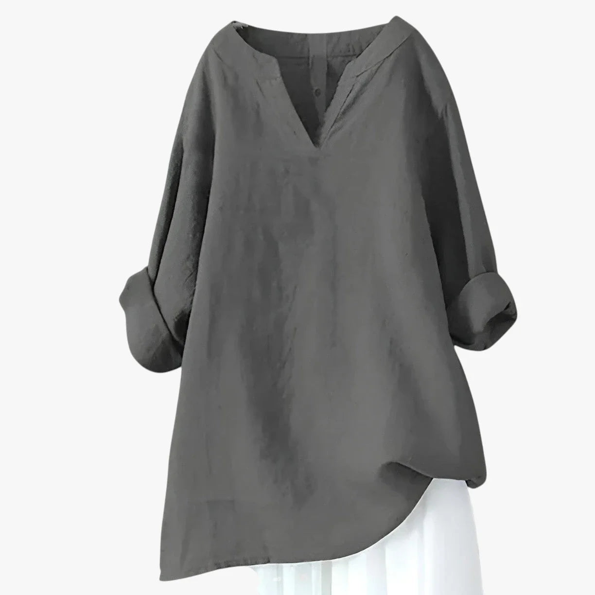 Dame Oversize Sommerbluse med V-Udskæring og Kinakrave