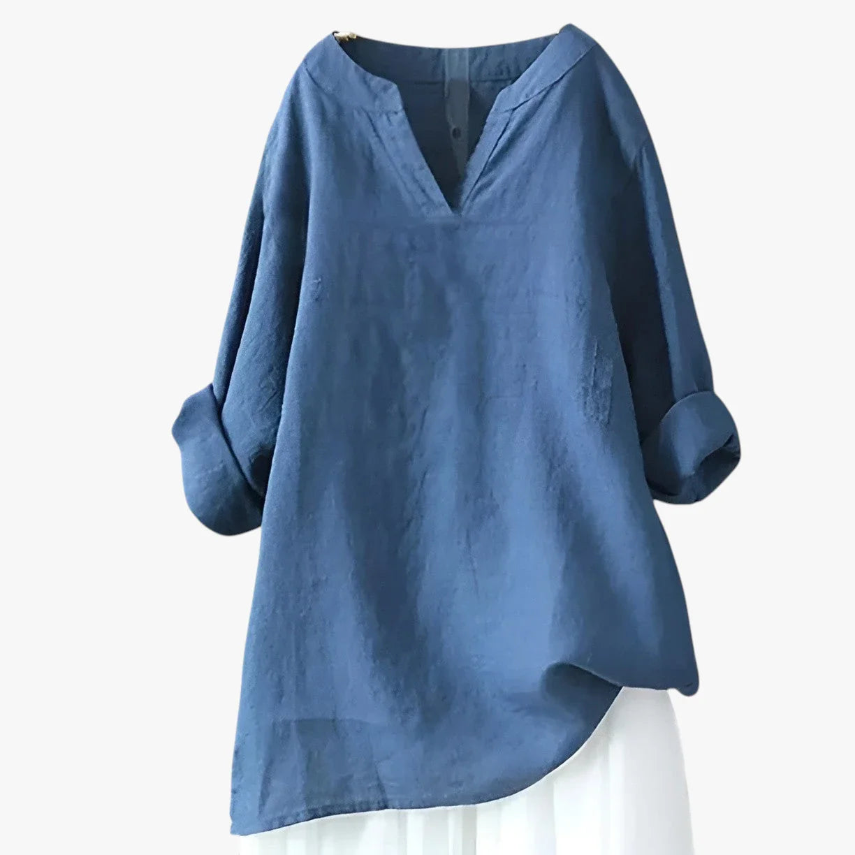 Dame Oversize Sommerbluse med V-Udskæring og Kinakrave