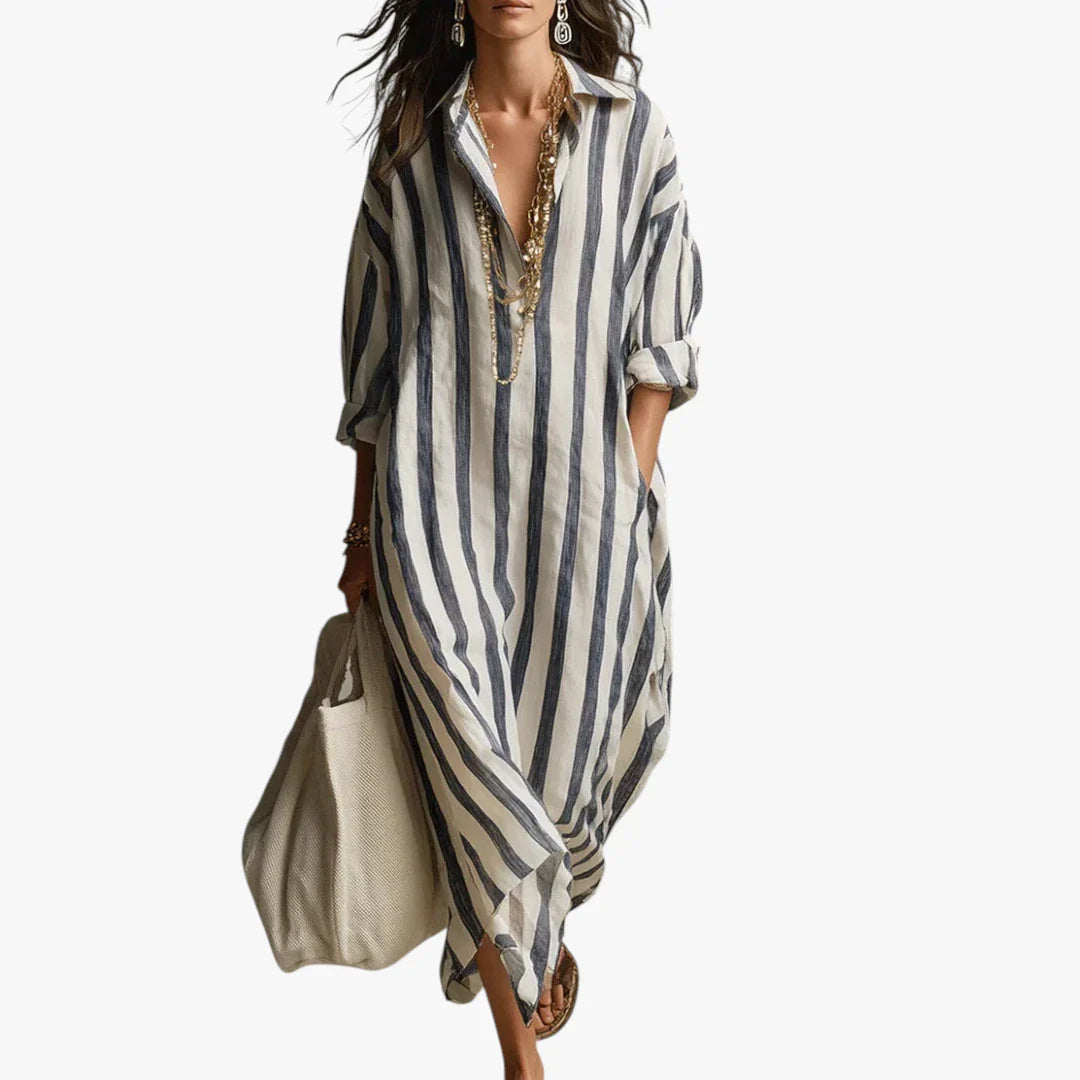 Dame Stribet Maxi Sommerkjole med V-hals