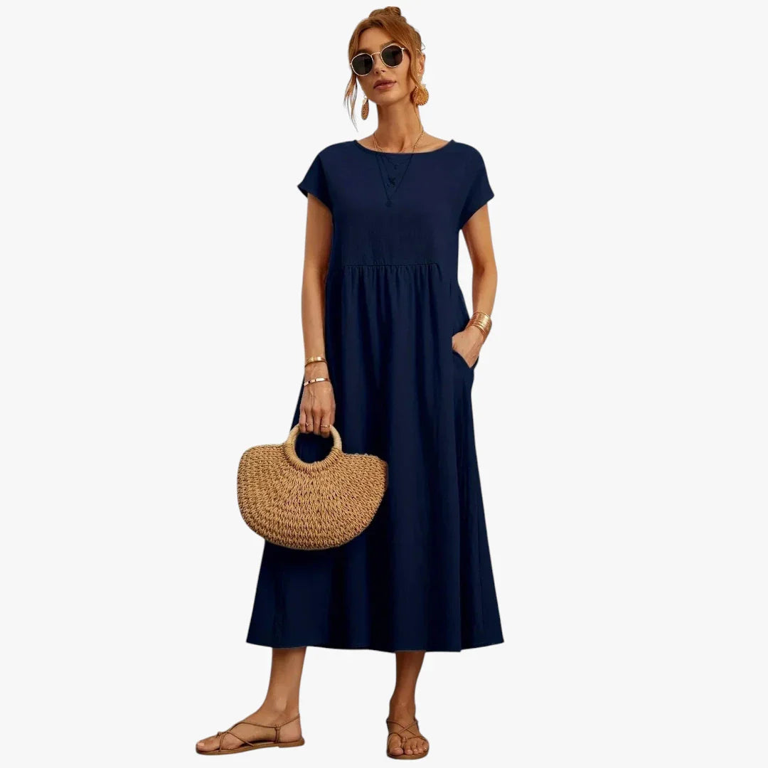 Dame Elegant Maxi Sommerkjole med Lommer og Rund Hals