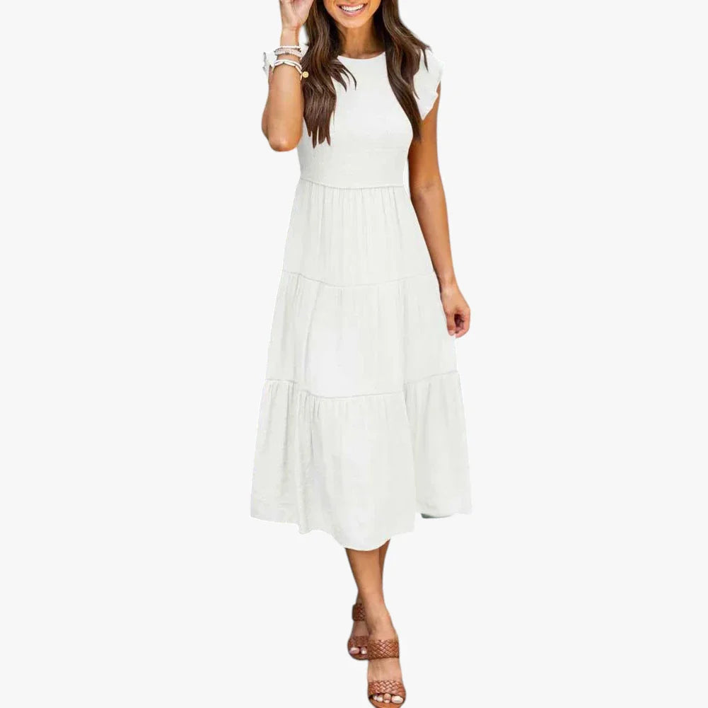 Dame Elegant Midi Sommerkjole med Smock og Flæser