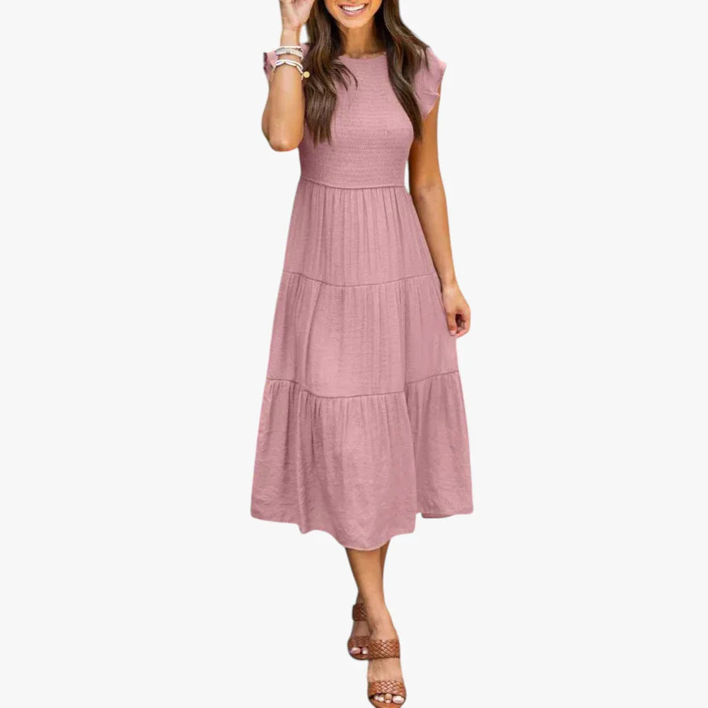 Dame Elegant Midi Sommerkjole med Smock og Flæser