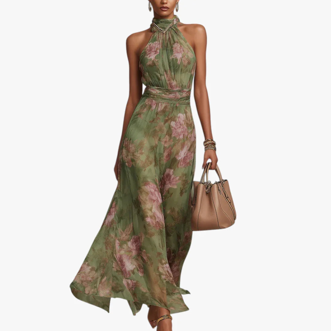 Dame Blomstret Maxi Sommerkjole med Halterneck