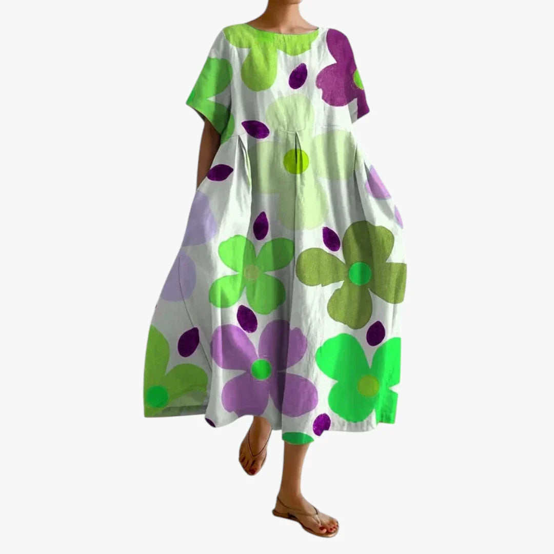 Dame Blomstret Midi Sommerkjole med Oversize Pasform og Rund Hals