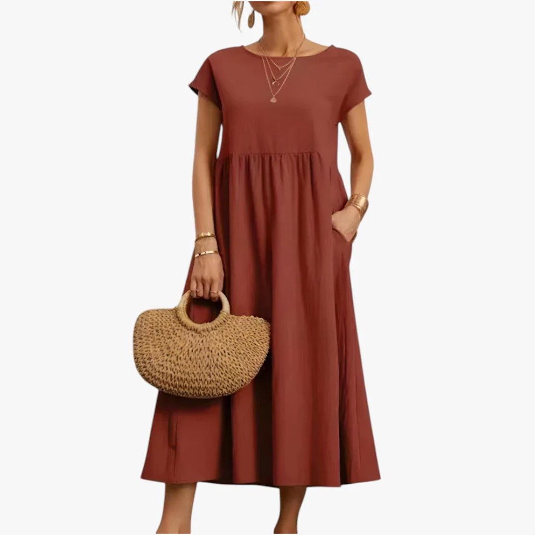 Dame Elegant Maxi Sommerkjole med Lommer og Rund Hals