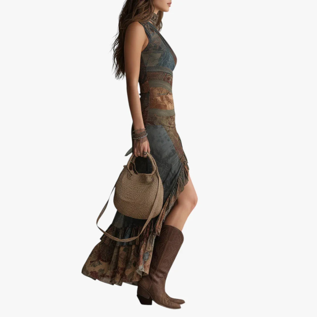 Dame Boheme Maxi Sommerkjole med One Shoulder og Flæser