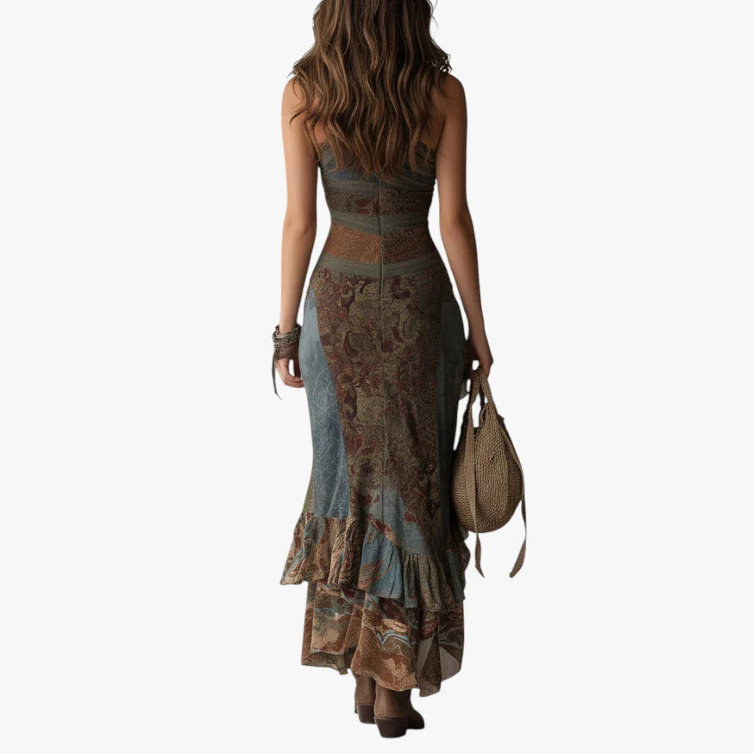 Dame Boheme Maxi Sommerkjole med One Shoulder og Flæser