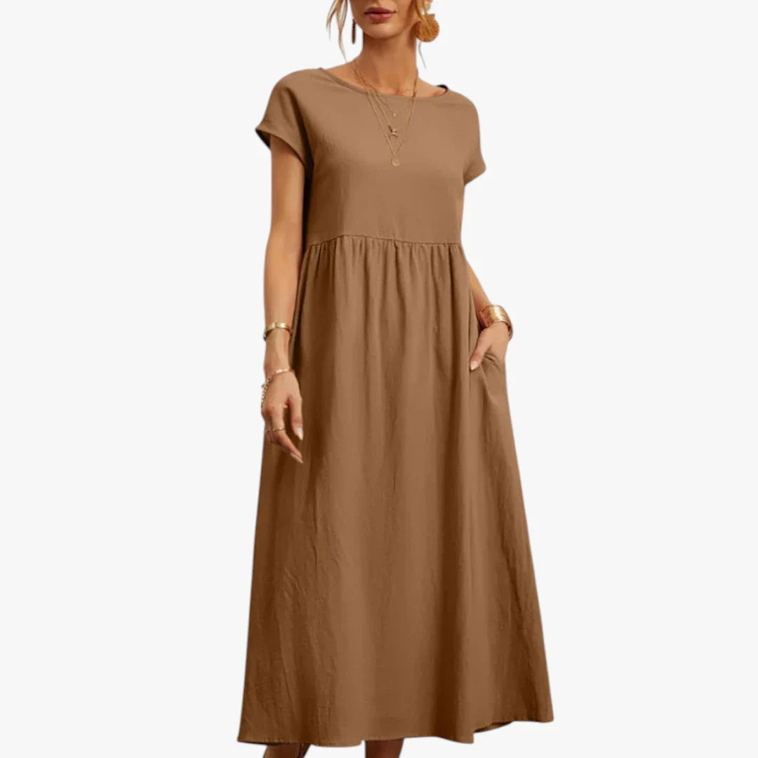 Dame Elegant Maxi Sommerkjole med Lommer og Rund Hals