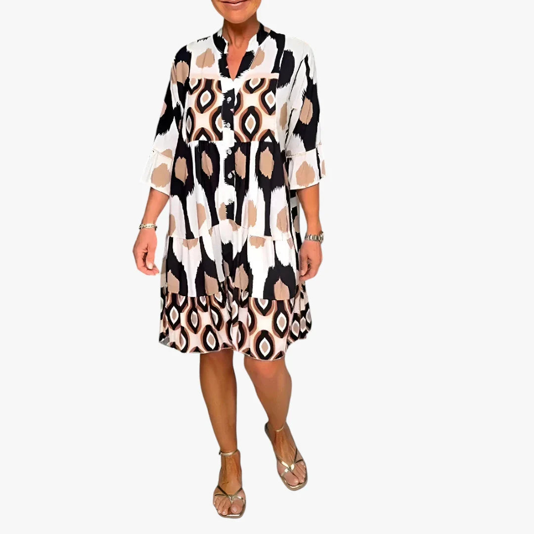 Dame Boho Midi Sommerkjole med Knapper og Flæser