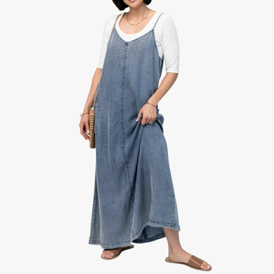 Dame Elegant Maxi Denimkjole med Strop og V-udskæring