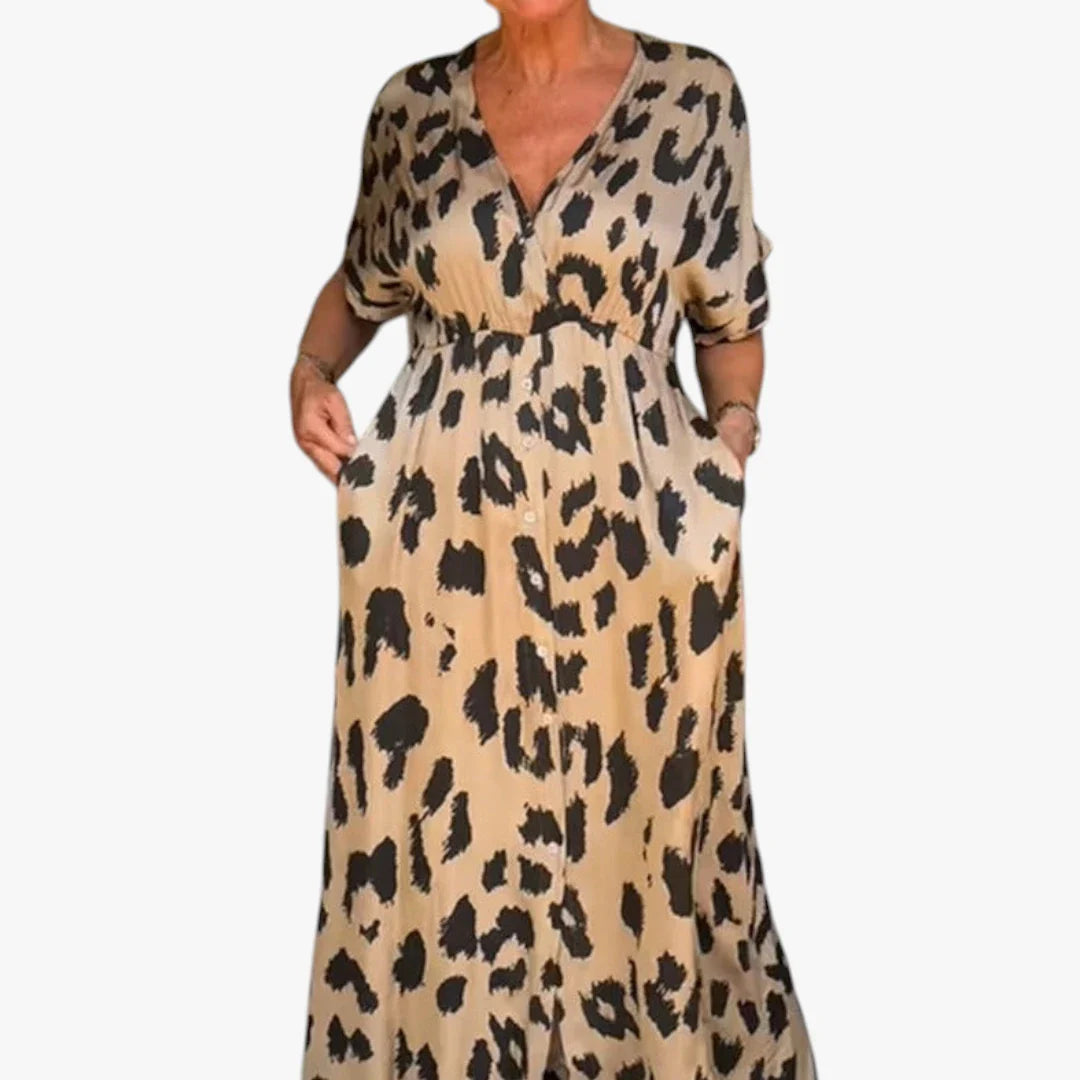 Dame Leopard Midi Sommerkjole med Knapper