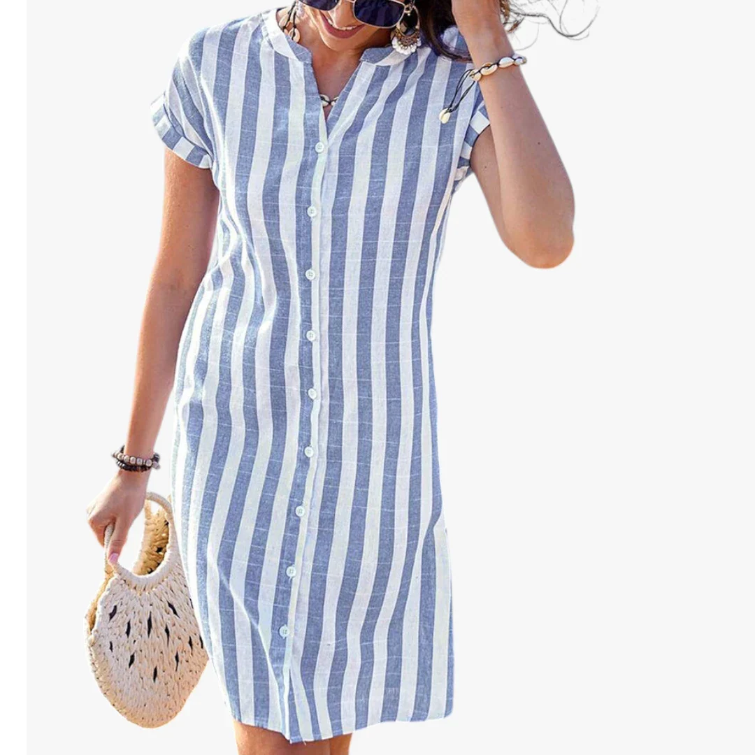 Dame Stribet Mini Sommerkjole med Knapper