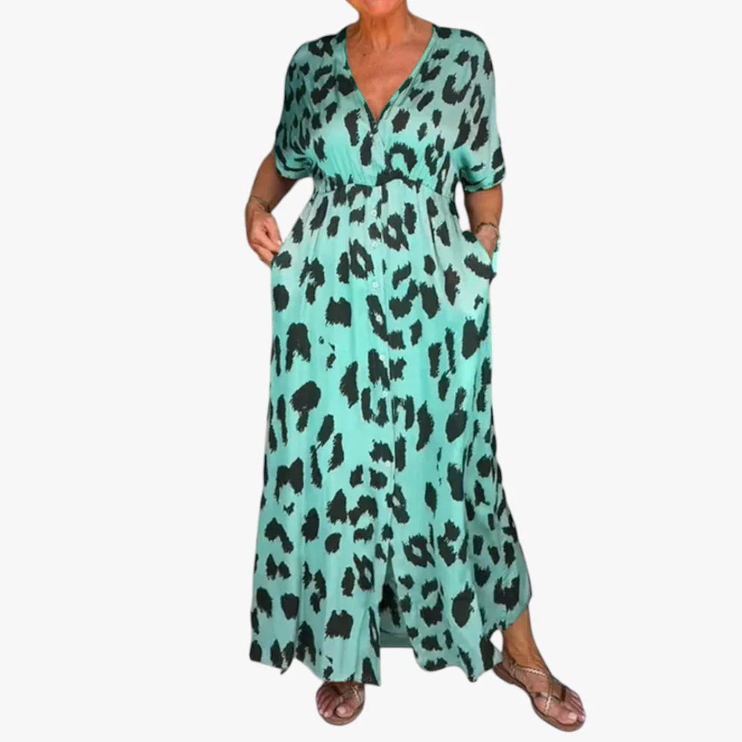 Dame Leopard Midi Sommerkjole med Knapper