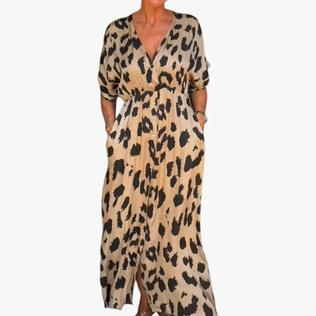 Dame Leopard Midi Sommerkjole med Knapper