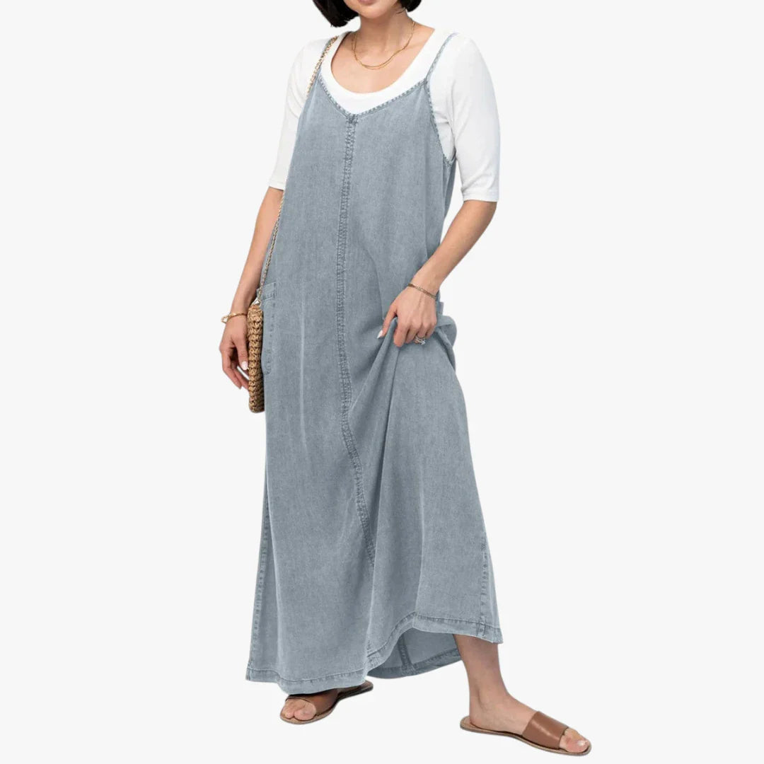 Dame Elegant Maxi Denimkjole med Strop og V-udskæring
