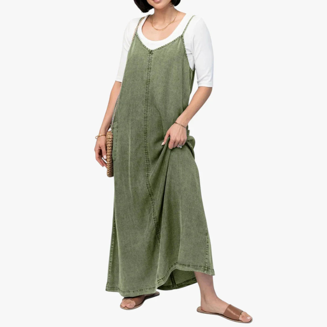 Dame Elegant Maxi Denimkjole med Strop og V-udskæring