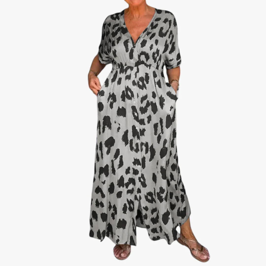 Dame Leopard Midi Sommerkjole med Knapper